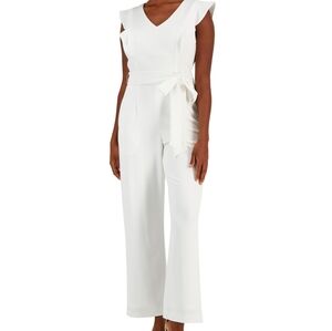Kasper Scuba Crepe V-Neck Flutter-Sleeve Belted Jumpsuit